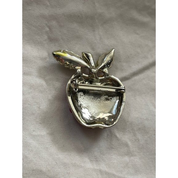 Vintage Green Glaze Red Encrusted Rhinestone Gold Tone Apple Shaped Pin/Brooch - Picture 7 of 11